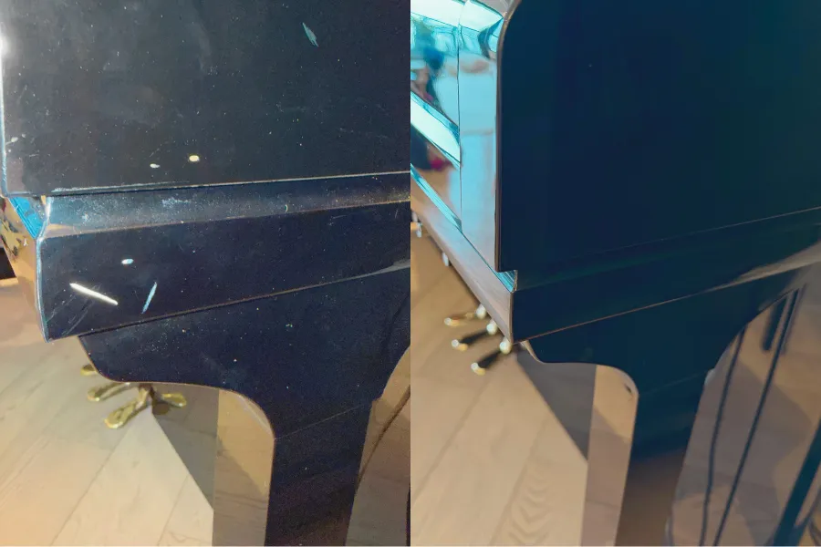 Piano cabinet refinishing and surface sanding detail